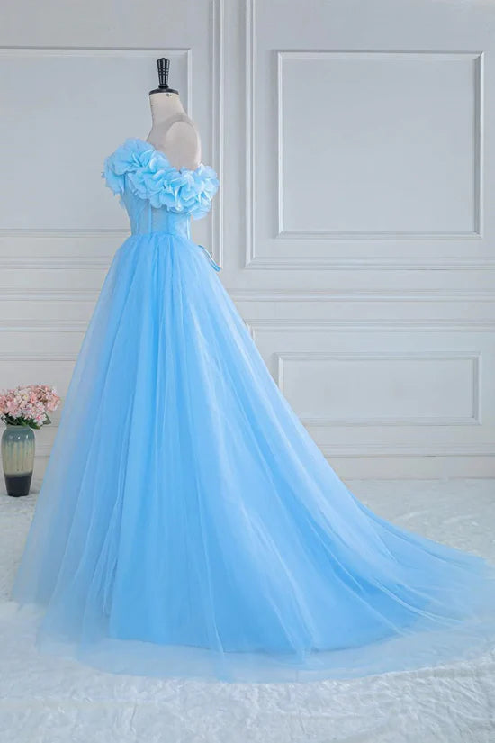 Elegant Prom Dresses Off The Shoulder Tulle A Line Slit With Flowers Floor Length Solid Color