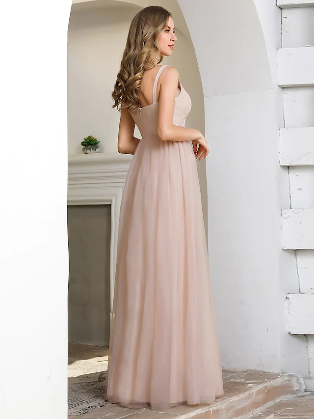 A-Line Plunging Neck Floor Length Tulle Bridesmaid Dress with Appliques Beautiful