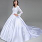 Ball Gown Wedding Dresses Scoop Neck Satin Long Sleeve Simple Vintage See-Through with Beading