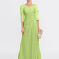 Mother of the Bride Dress Elegant See Through V Neck Floor Length Chiffon Sheer Lace Half Sleeve