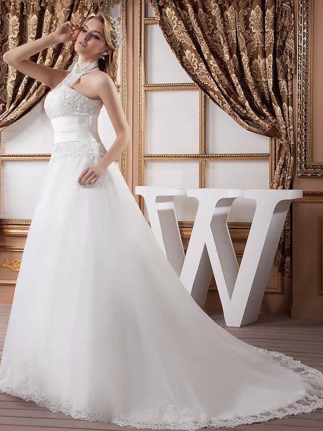 A-Line Wedding Dresses High Neck Court Train Lace Satin Tulle Regular Straps with Ruched Beading