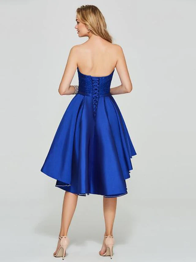 A-Line Minimalist Sexy Engagement Cocktail Party Dress Sweetheart Neckline Sleeveless Asymmetrical Short Mini Satin