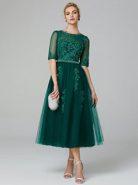 A-Line Sparkle Wedding Guest Formal Evening Dress Illusion Neck Sleeveless Tea Length Lace Over Tulle with Sequin