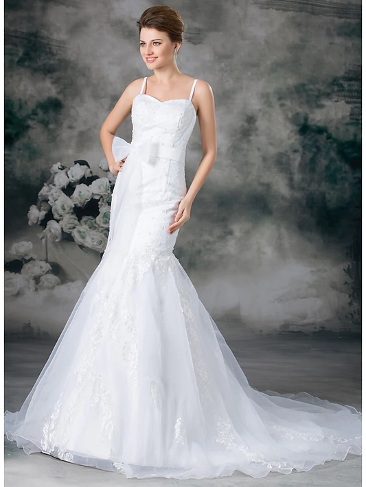 Wedding Dresses Sweetheart Neckline Chapel Train Lace Organza Satin Spaghetti Strap with Sashes Ribbons Bow(s)