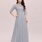 A-Line Mother of the Bride Dress Plus Size Elegant Jewel Neck Floor Length Chiffon Lace Length Sleeve