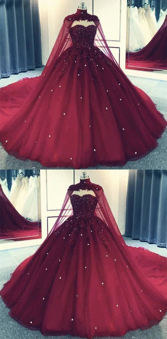Glam Ball Gown Quinceanera Dress Lace Applique Beaded Cape Wine Red Formal Dress Party Gowns Prom Dress