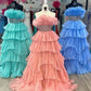 Glitter A-Line Beaded Long Tulle Tiered Prom Dress with Ruffles Off Shoulder