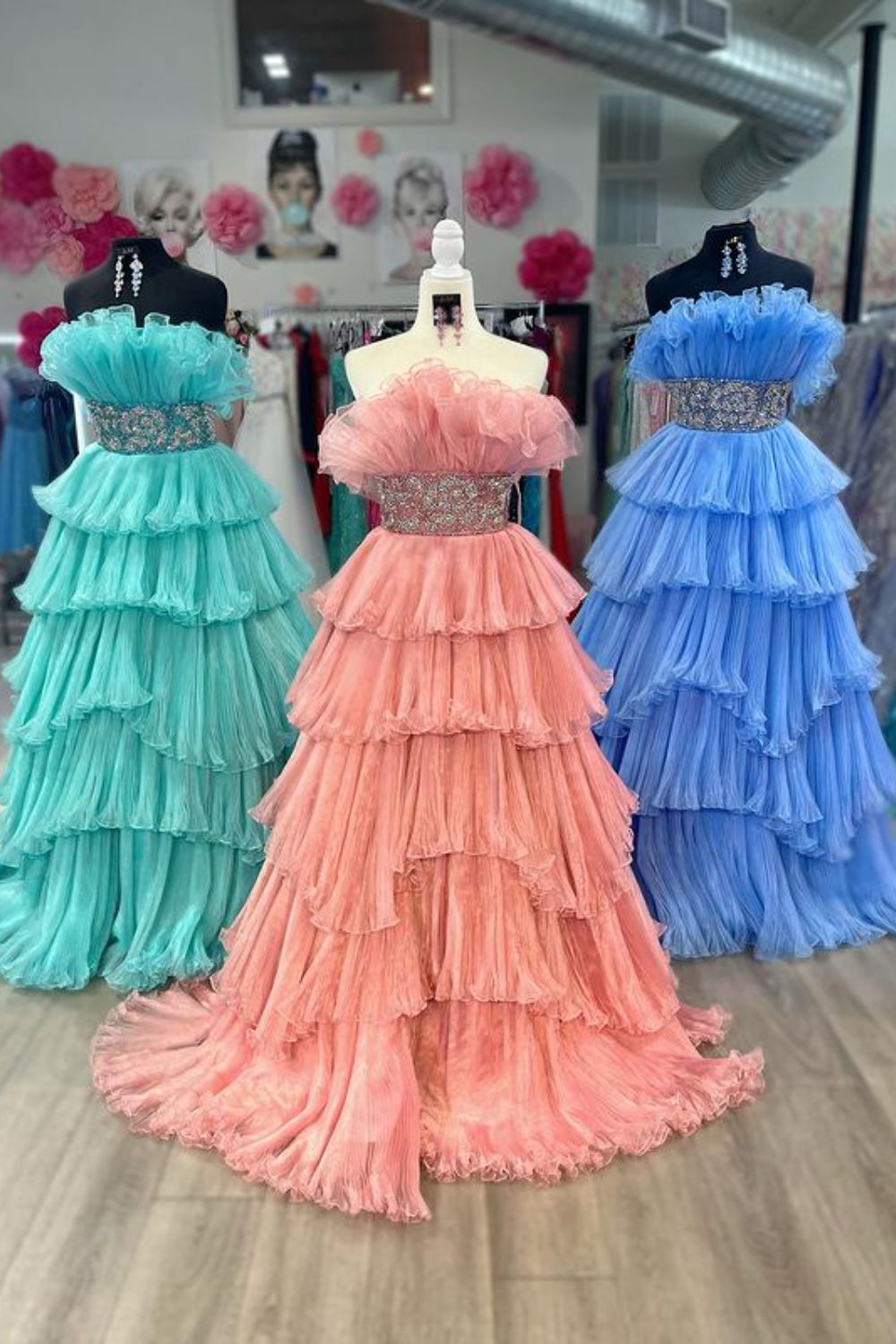 Glitter A-Line Beaded Long Tulle Tiered Prom Dress with Ruffles Off Shoulder