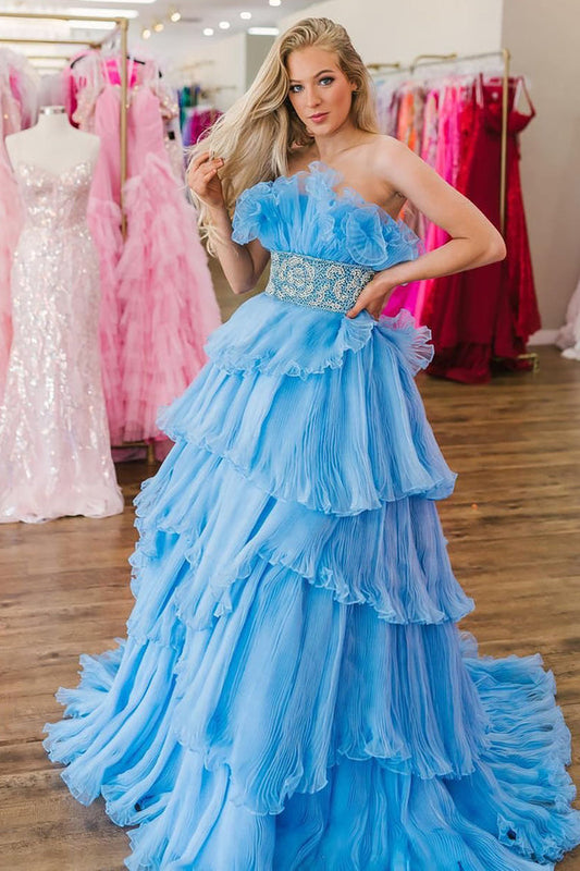 Glitter A-Line Beaded Long Tulle Tiered Prom Dress with Ruffles Off Shoulder