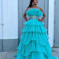 Glitter A-Line Beaded Long Tulle Tiered Prom Dress with Ruffles Off Shoulder