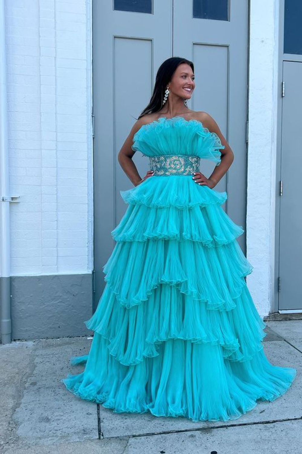 Glitter A-Line Beaded Long Tulle Tiered Prom Dress with Ruffles Off Shoulder