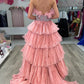 Glitter A-Line Beaded Long Tulle Tiered Prom Dress with Ruffles Off Shoulder