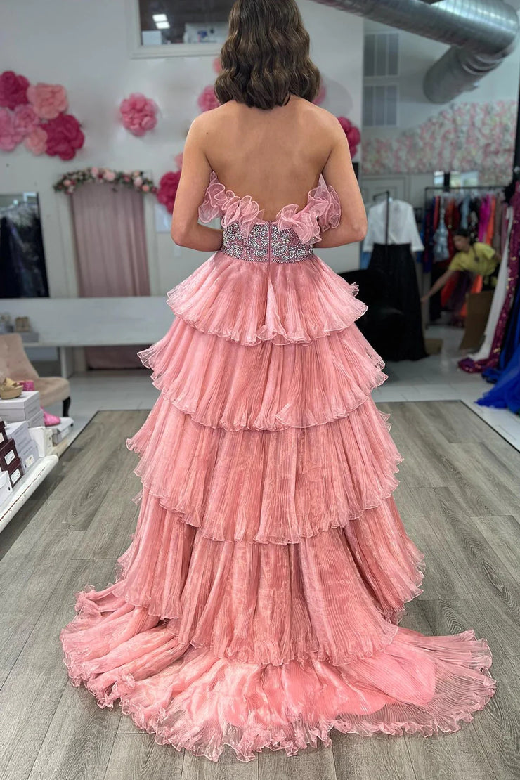 Glitter A-Line Beaded Long Tulle Tiered Prom Dress with Ruffles Off Shoulder