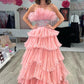 Glitter A-Line Beaded Long Tulle Tiered Prom Dress with Ruffles Off Shoulder