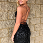 Glitter Black Sequins Backless Spaghetti Straps Bodycon Homecoming Dress Sparkly