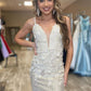 Glitter Sheath Spaghetti Straps Lace Applique Homecoming Dress V-neck Sexy