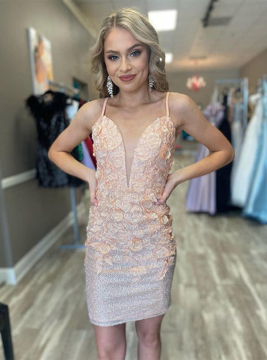 Glitter Sheath Spaghetti Straps Lace Applique Homecoming Dress V-neck Sexy