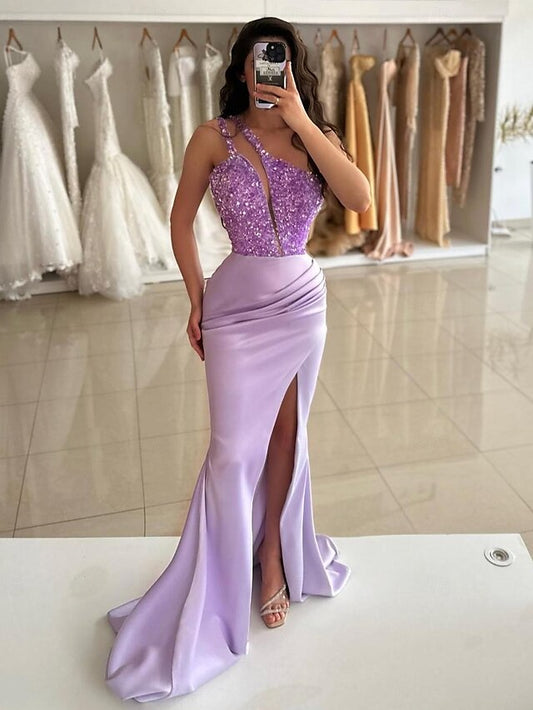 Mermaid/Trumpet One-Shoulder Sleeveless Floor-Length Long Prom Dresses With Sequins Sexy