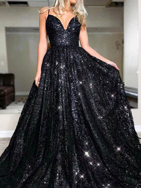 Glittering A-Line/Princess Sequin V-Neck Sweep/Brush Train Long Prom Dresses Sparkly Evening Dresses