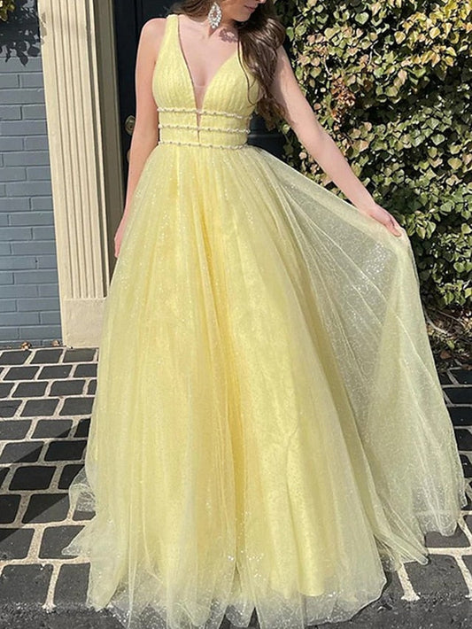 A-Line/Princess V-Neck Floor-Length Prom Dresses Open Back