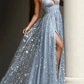Glittery Sequin A-Line V Neck Spaghetti Straps Floor Length Prom Dresses With Split Sleeveless Evening Dress Sexy