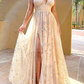 Glittery Sequin A-Line V Neck Spaghetti Straps Floor Length Prom Dresses With Split Sleeveless Evening Dress Sexy