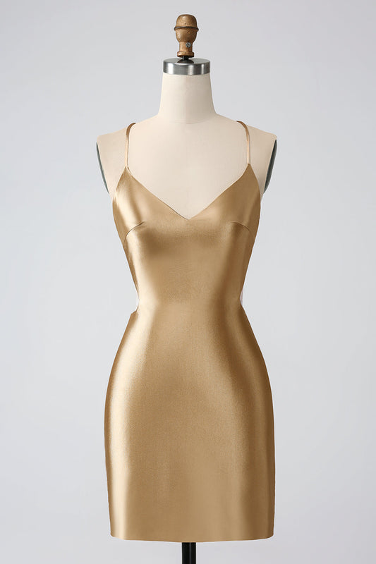 Golden Bodycon Spaghetti Straps Lace-up Back Short Homecoming Dress Sexy