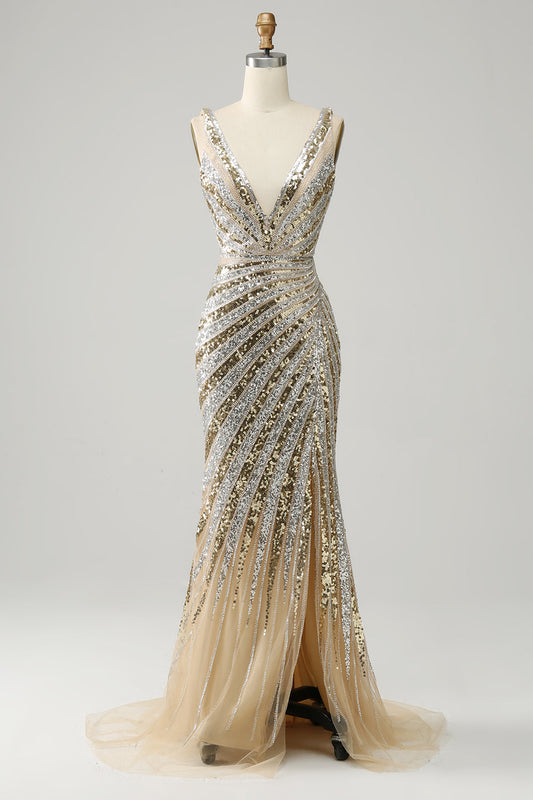Sparkly Golden Mermaid Deep V Neck Long Prom Dress with Silt Sexy Evening Dresses