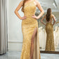 Golden Mermaid One Shoulder Fringe Glitter Sequin Prom Dress With Slit Sexy Evening Dresses
