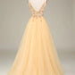 A Line Spaghetti Straps Long Prom Dress with Beading V-neck Beautiful