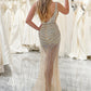 Golden Sheath V Neck Sparkly Sequins Open Back Long Prom Dress Sexy Evening Dresses