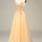 A Line Spaghetti Straps Long Prom Dress with Beading V-neck Beautiful