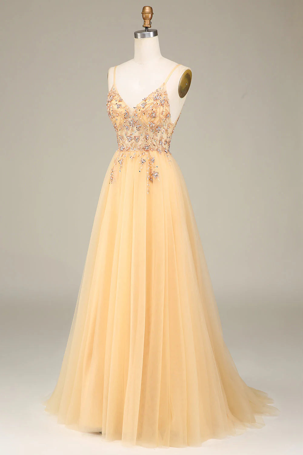 A Line Spaghetti Straps Long Prom Dress with Beading V-neck Beautiful