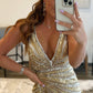 Sparkly Golden V-Neck Sequins Long Prom Dress Sexy