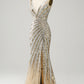 Sparkly Golden Mermaid Deep V Neck Long Prom Dress with Silt Sexy Evening Dresses