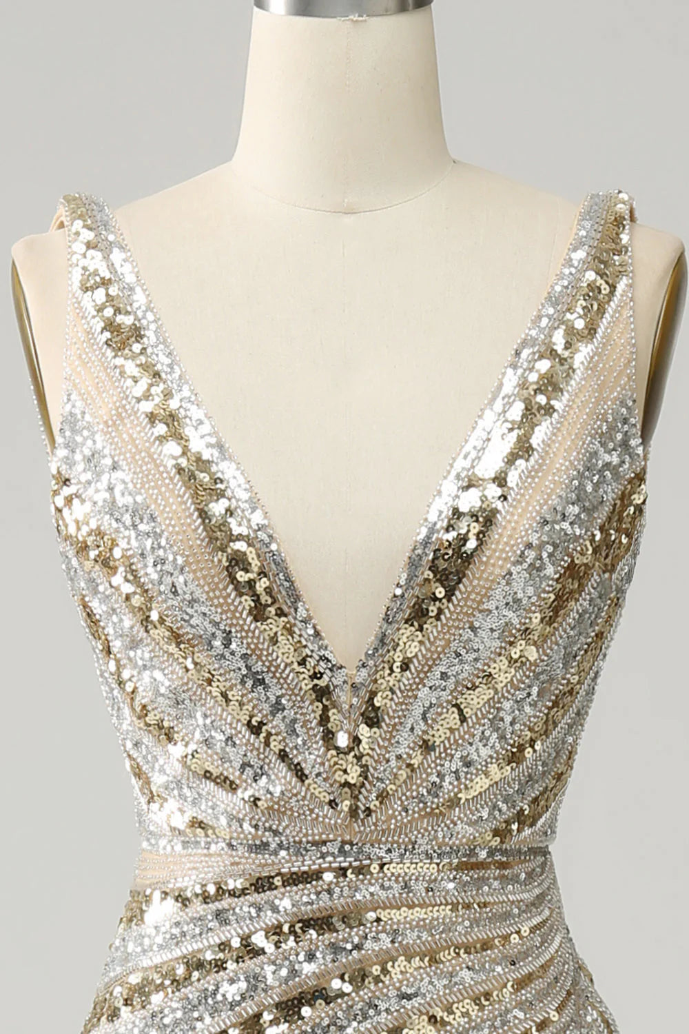 Sparkly Golden V-Neck Sequins Long Prom Dress Sexy