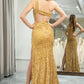 Golden Mermaid One Shoulder Fringe Glitter Sequin Prom Dress With Slit Sexy Evening Dresses