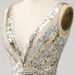 Sparkly Golden V-Neck Sequins Long Prom Dress Sexy