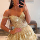 Gorgeous Gold A-Line Off The Shoulder Lace Up Long Prom Dress