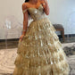 Gorgeous Gold A-Line Off The Shoulder Lace Up Long Prom Dress
