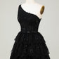 Gorgeous One Shoulder Sequin Prom Dresses Layers Short Homecoming Dresses Sparkly