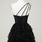 Gorgeous One Shoulder Sequin Prom Dresses Layers Short Homecoming Dresses Sparkly