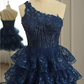 Gorgeous One Shoulder Sequin Prom Dresses Layers Short Homecoming Dresses Sparkly