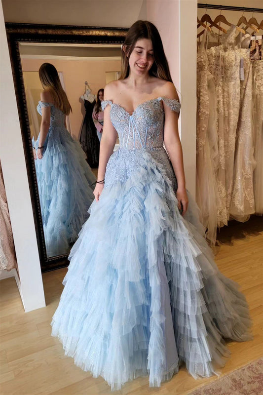 Gorgeous Tulle Tiered Off The Shoulder Gradient Prom Dress With Appliques Beautiful