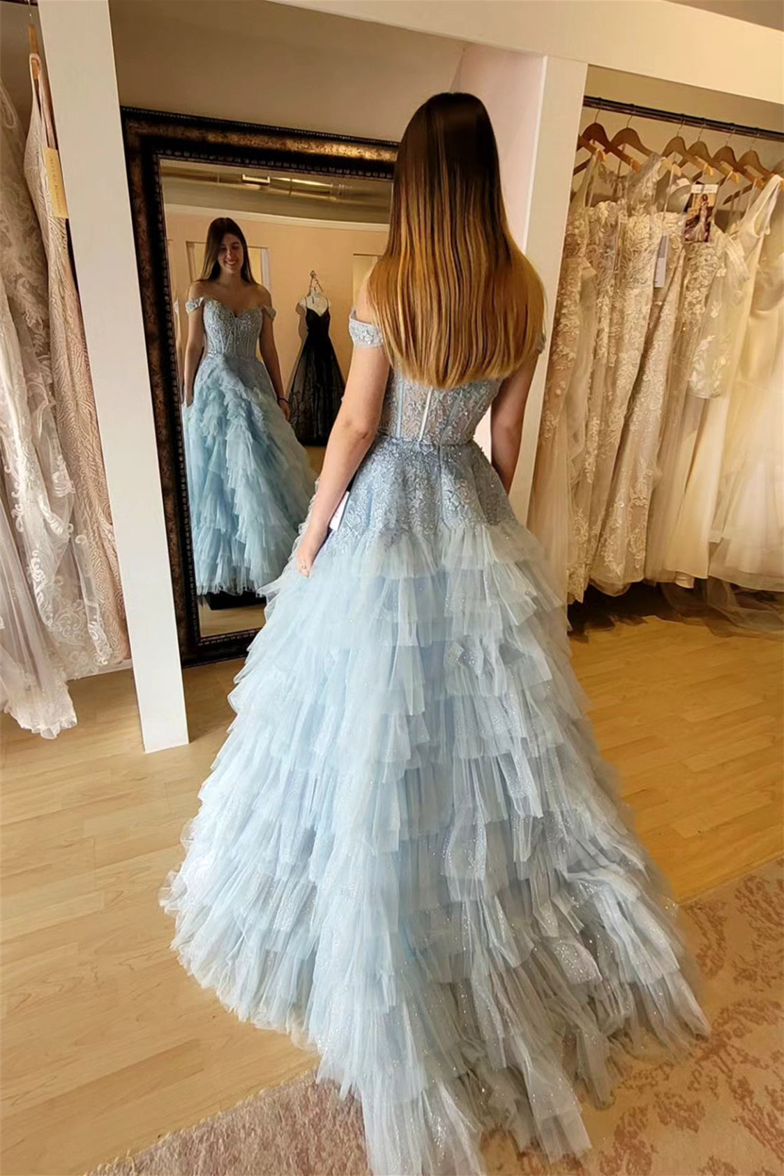 Gorgeous Tulle Tiered Off The Shoulder Gradient Prom Dress With Appliques Beautiful