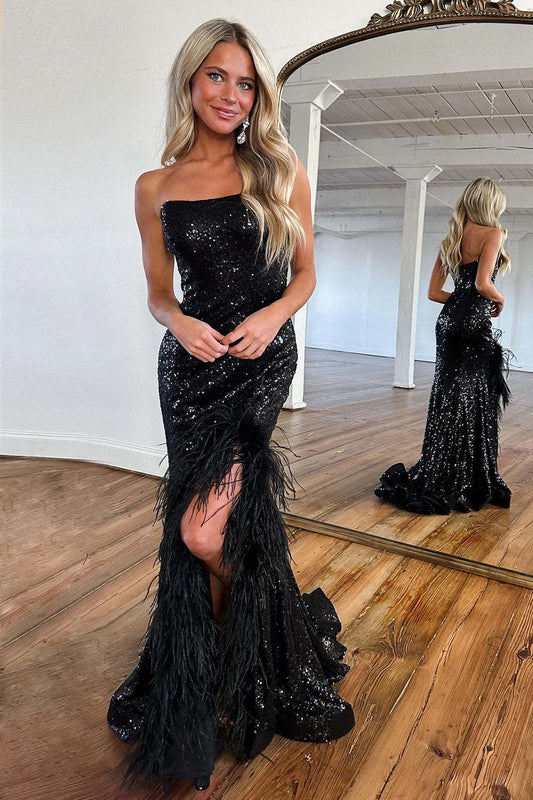 Gorgeous Sequin Strapless Long Corset Prom Dress With Feather