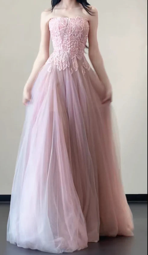 Gorgeous A-Line Strapless Long Formal Prom Dress Elegant Evening Gown Tulle Sweet 16 Dress
