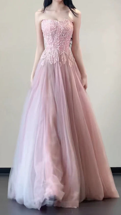 Gorgeous A-Line Strapless Long Formal Prom Dress Elegant Evening Gown Tulle Sweet 16 Dress