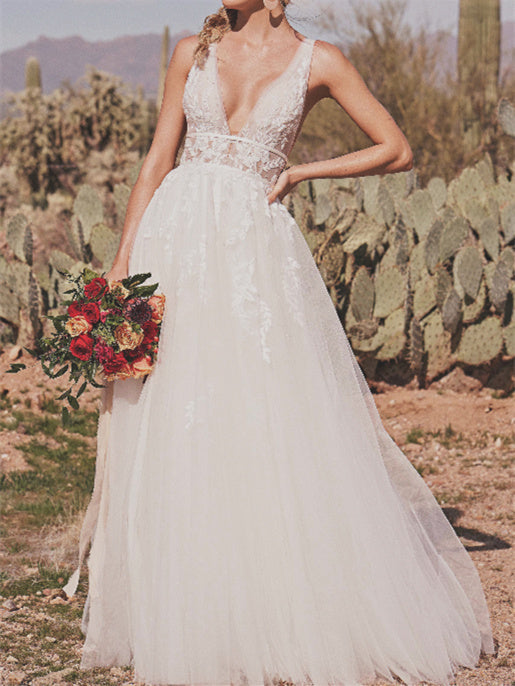 A-Line/Princess V-Neck Floor-Length Wedding Dress Sexy