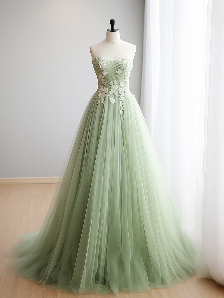 A-Line Sweetheart Neck Tulle Lace Applique Green Long Prom Dress Formal Dress Off Shoulder